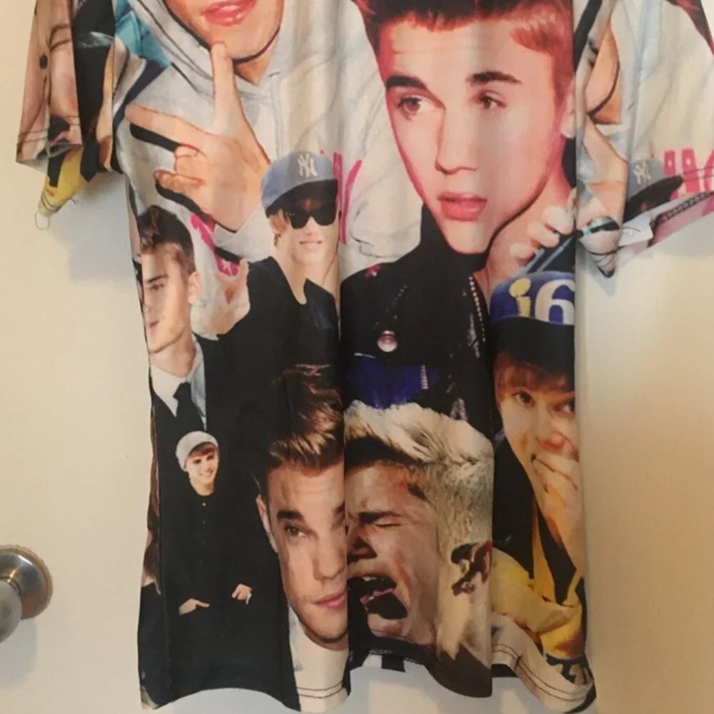Vintage Justin Bieber Fan TShirt, Retro Poly Knit Covered in Color Photos, Sz. L - Picture 2 of 8